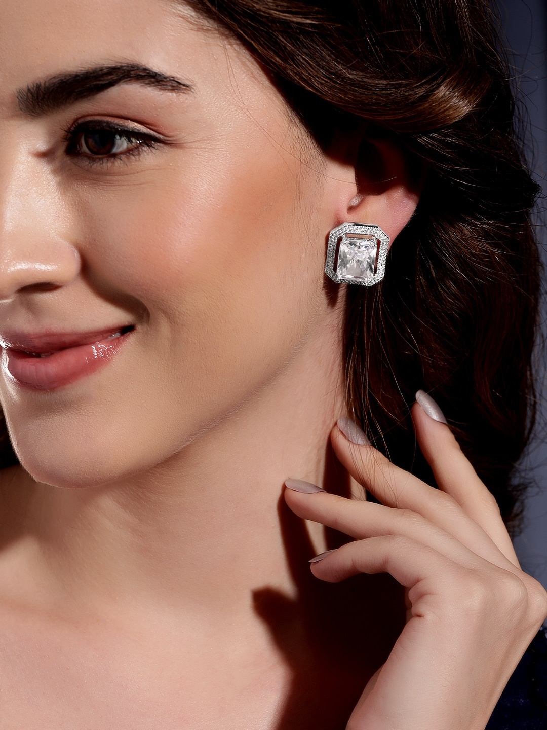 

Rubans Rhodium-Plated Geometric Shaped Stud Earrings, White