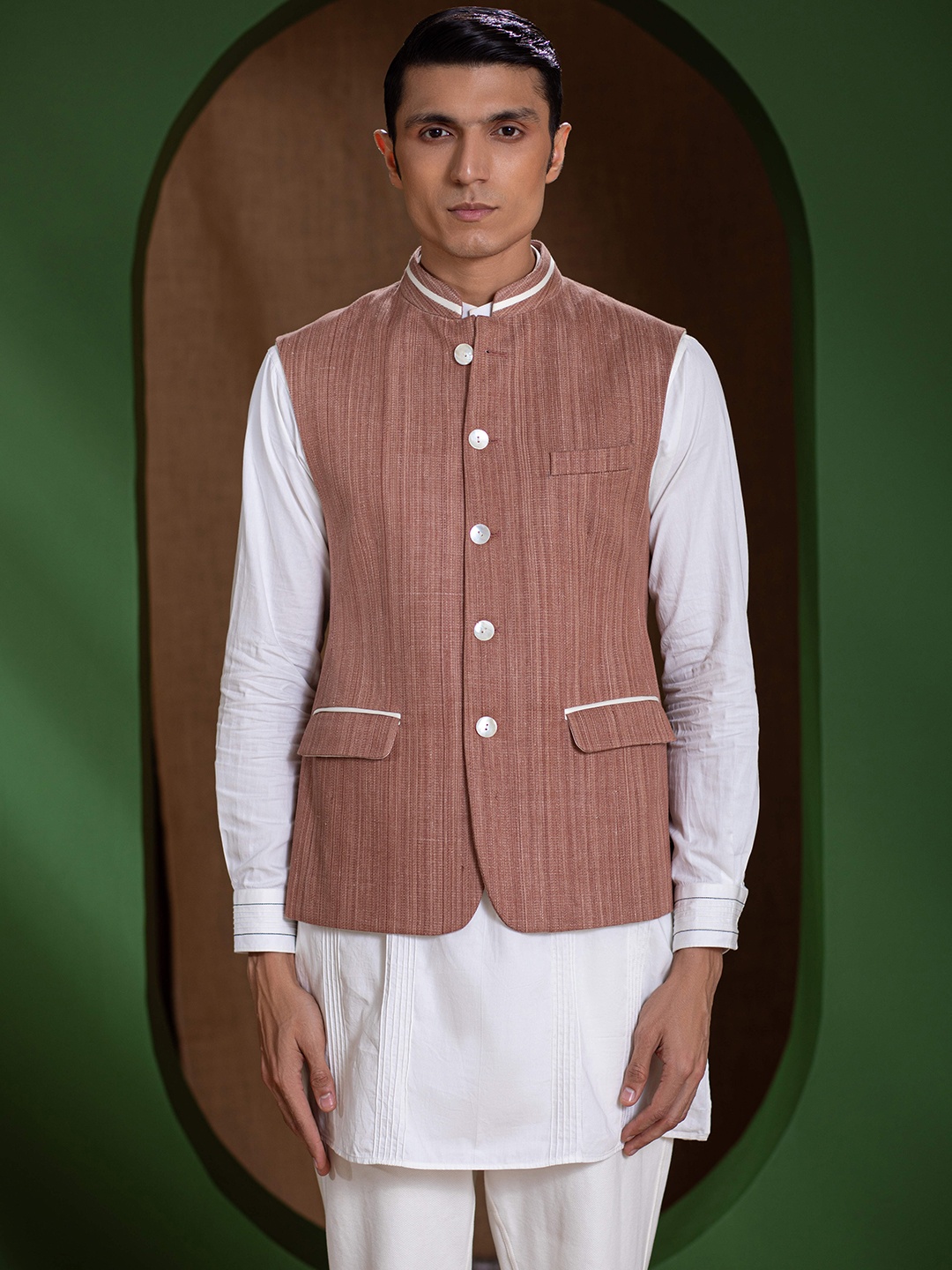 

Earthpiece Striped Organic Cotton Nehru Jackets, Brown