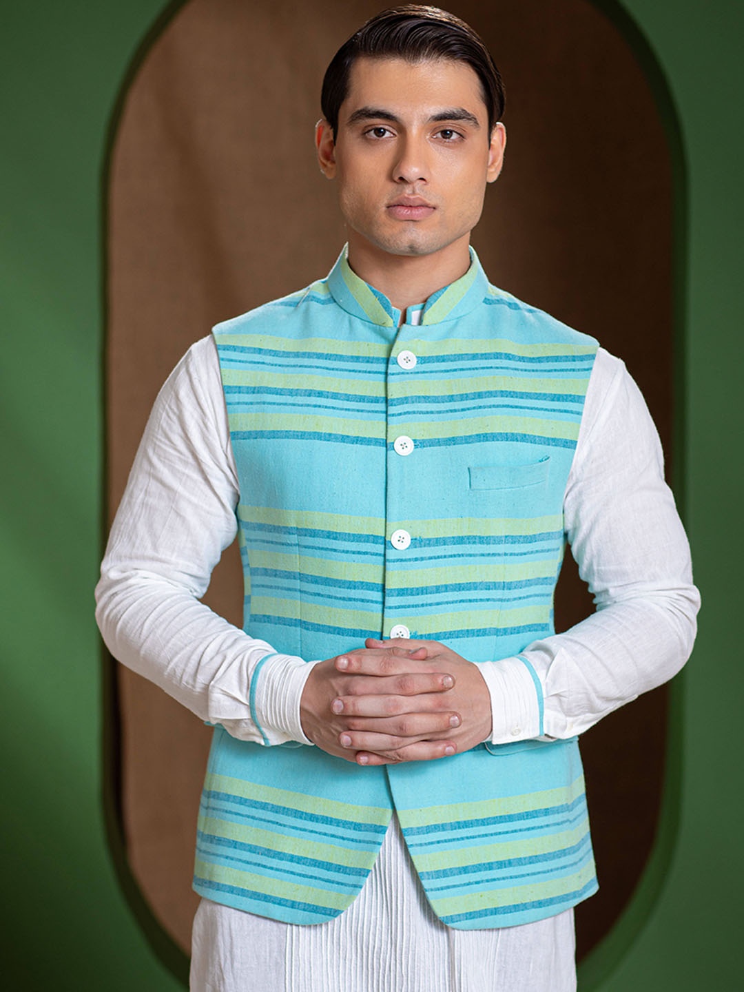 

Earthpiece Striped Mandarin Collar Organic Cotton Nehru Jackets, Turquoise blue