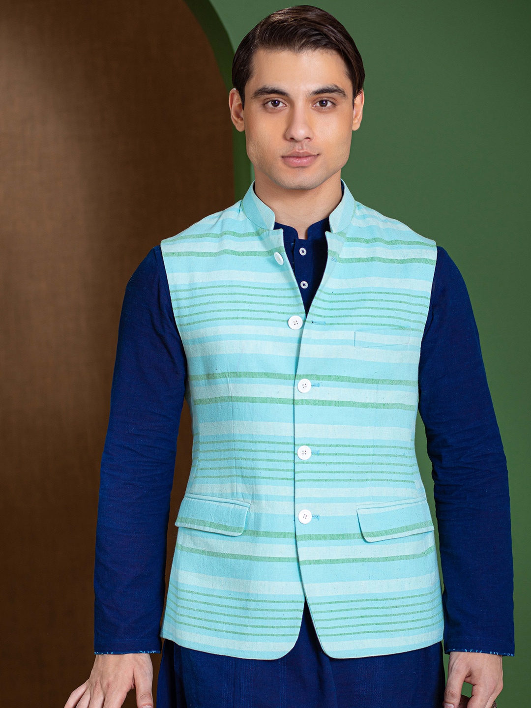 

Earthpiece Striped Organic Cotton Nehru Jacket, Turquoise blue