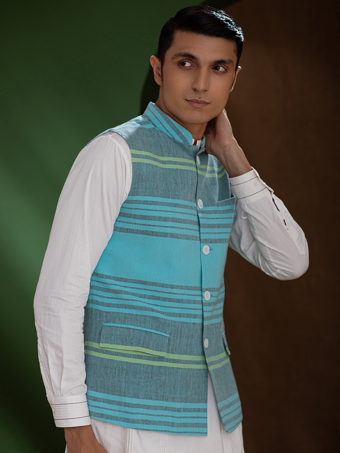 

Earthpiece Striped Cotton Nehru Jackets, Turquoise blue