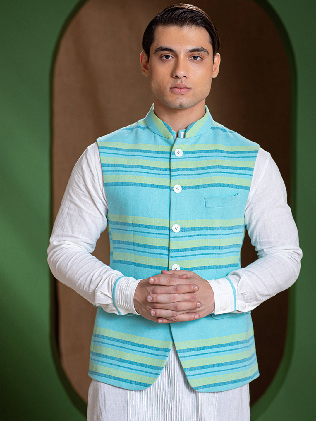 

Earthpiece Striped Organic Cotton Nehru Jackets, Turquoise blue