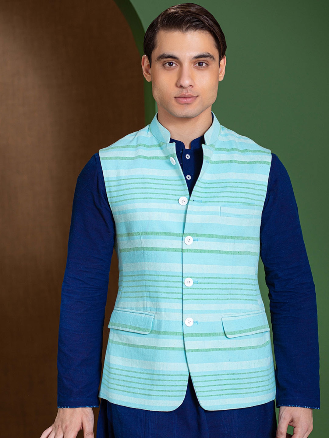 

Earthpiece Striped Organic Cotton Nehru Jackets, Turquoise blue