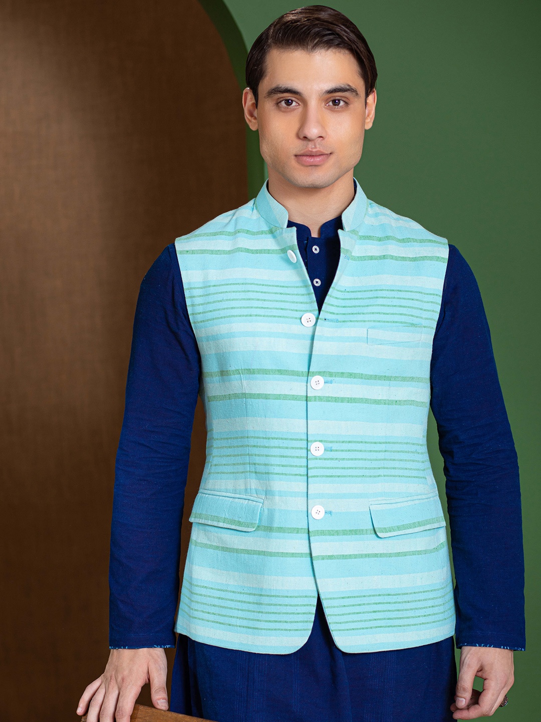 

Earthpiece Striped Organic Cotton Nehru Jackets, Turquoise blue