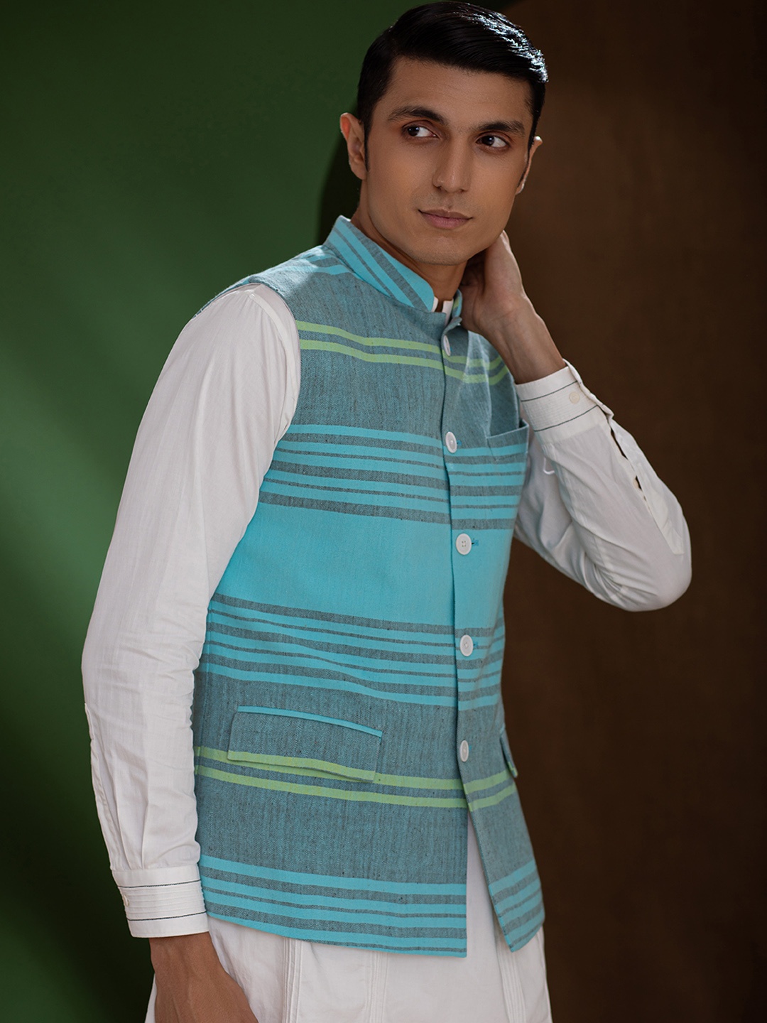 

Earthpiece Striped Mandarin Collar Pure Cotton Nehru Jackets, Turquoise blue