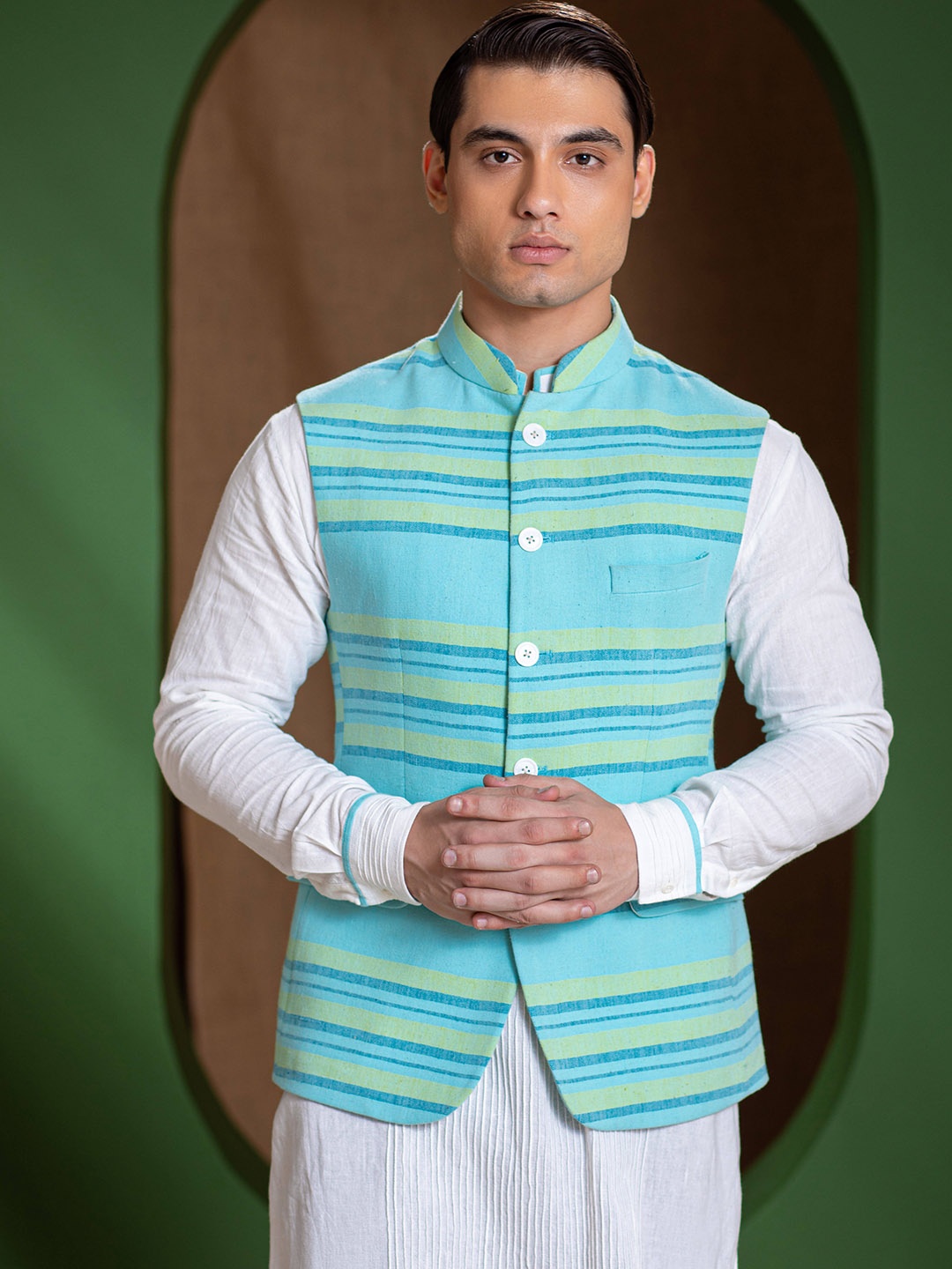 

Earthpiece Striped Organic Cotton Nehru Jackets, Turquoise blue