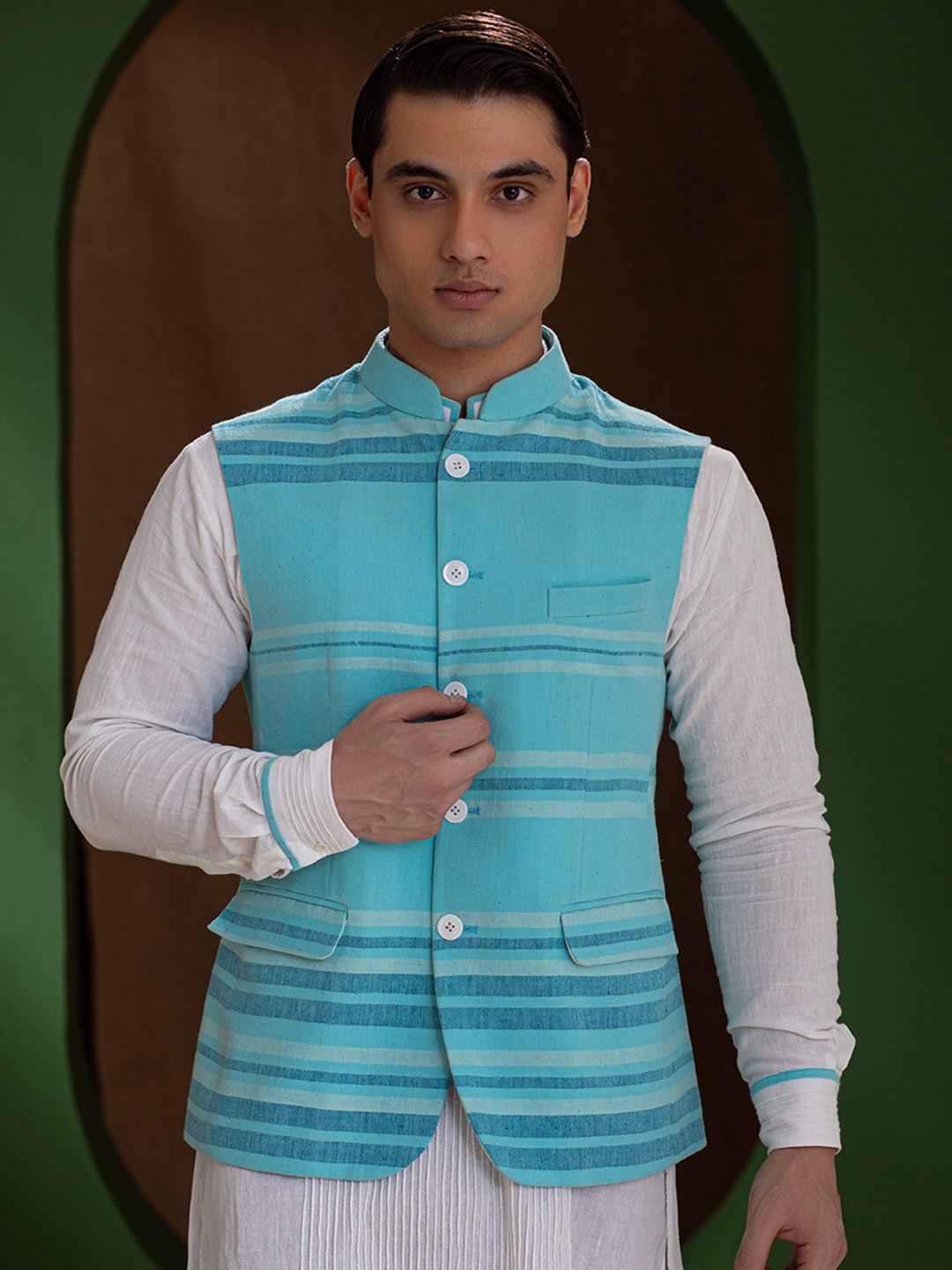 

Earthpiece Striped Organic Cotton Nehru Jacket, Turquoise blue