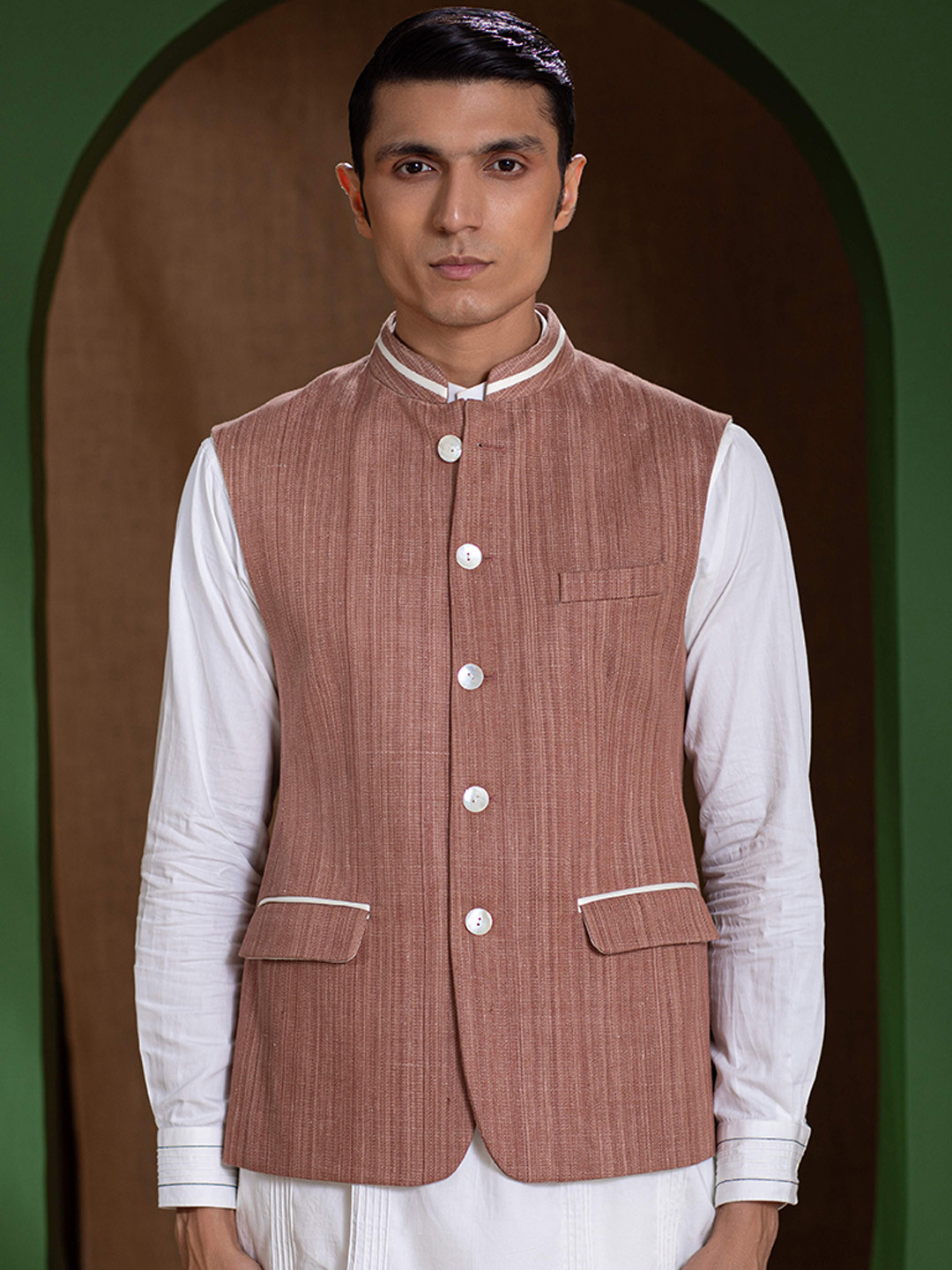 

Earthpiece Striped Organic Cotton Nehru Jackets, Brown