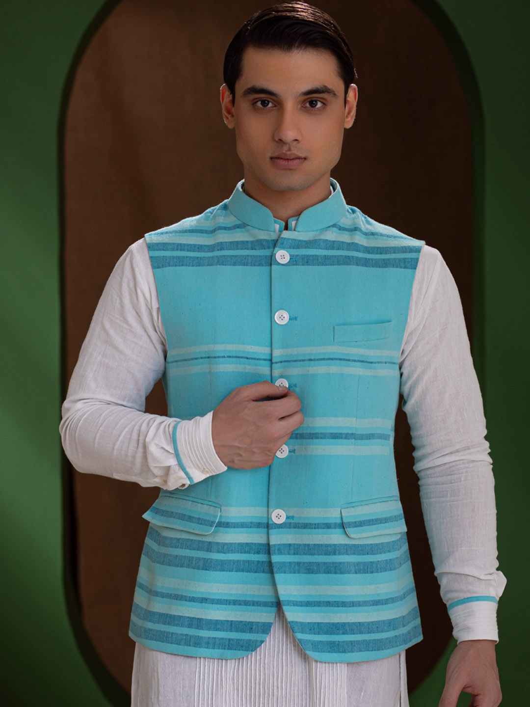 

Earthpiece Striped Organic Cotton Nehru Jacket, Turquoise blue