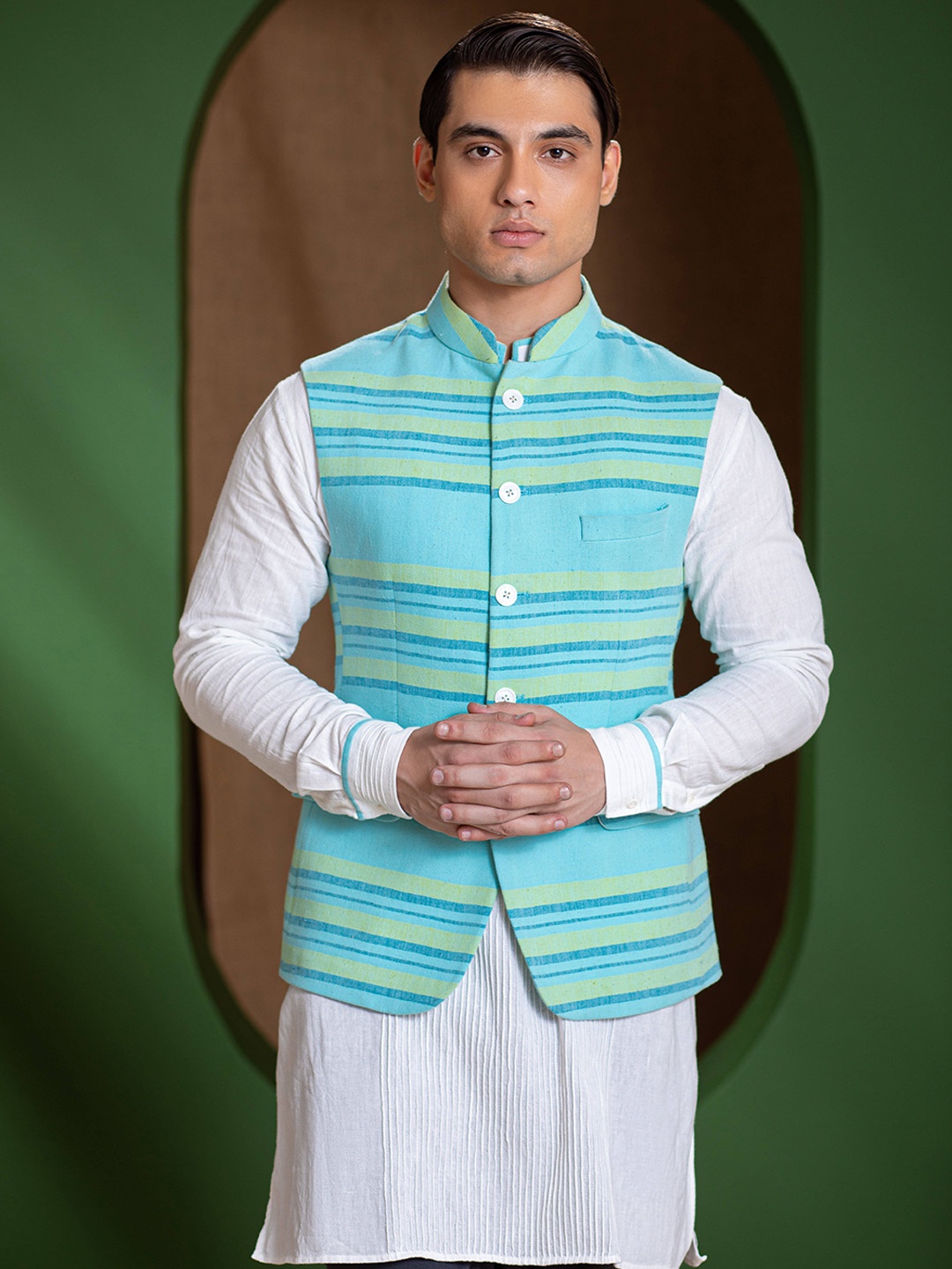 

Earthpiece Striped Mandarin Collar Pure Cotton Nehru Jackets, Turquoise blue