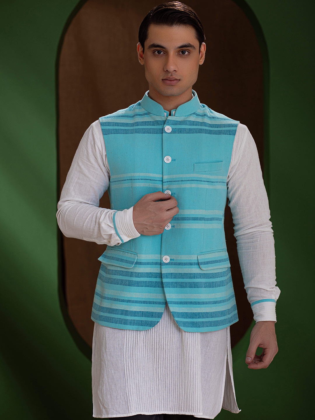 

Earthpiece Striped Mandarin Collar Cotton Nehru Jackets, Turquoise blue