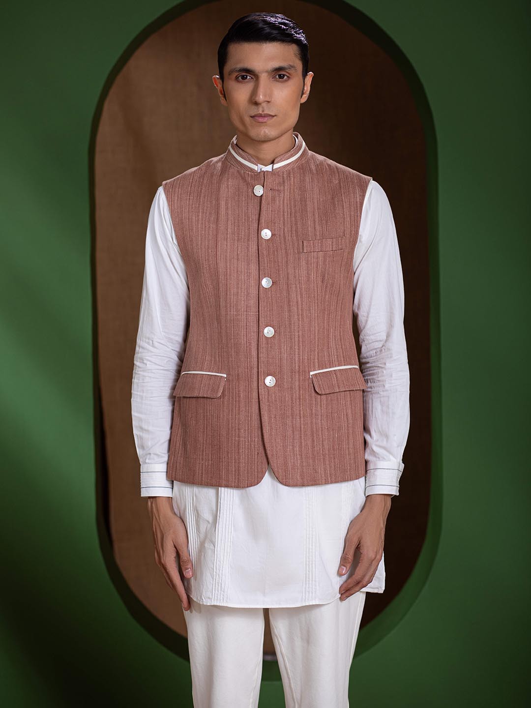 

Earthpiece Striped Organic Cotton Nehru Jackets, Brown