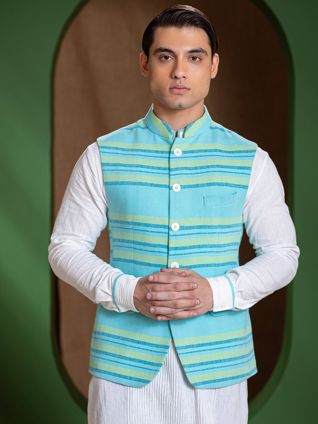 

Earthpiece Striped Organic Cotton Nehru Jackets, Turquoise blue