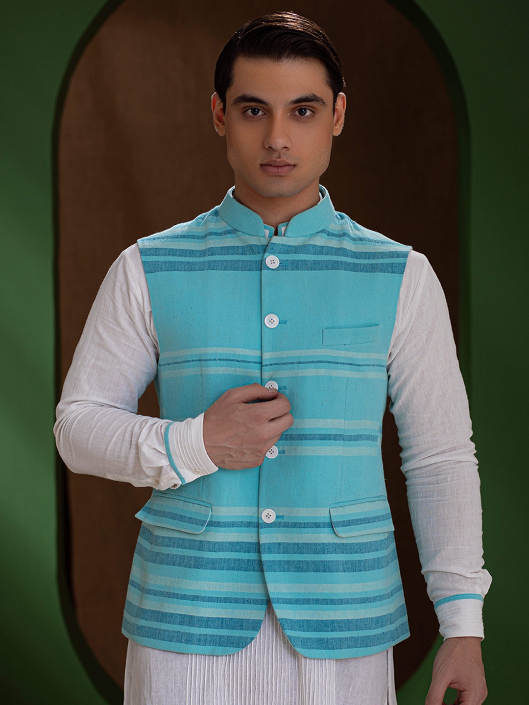 

Earthpiece Striped Organic Cotton Nehru Jackets, Turquoise blue
