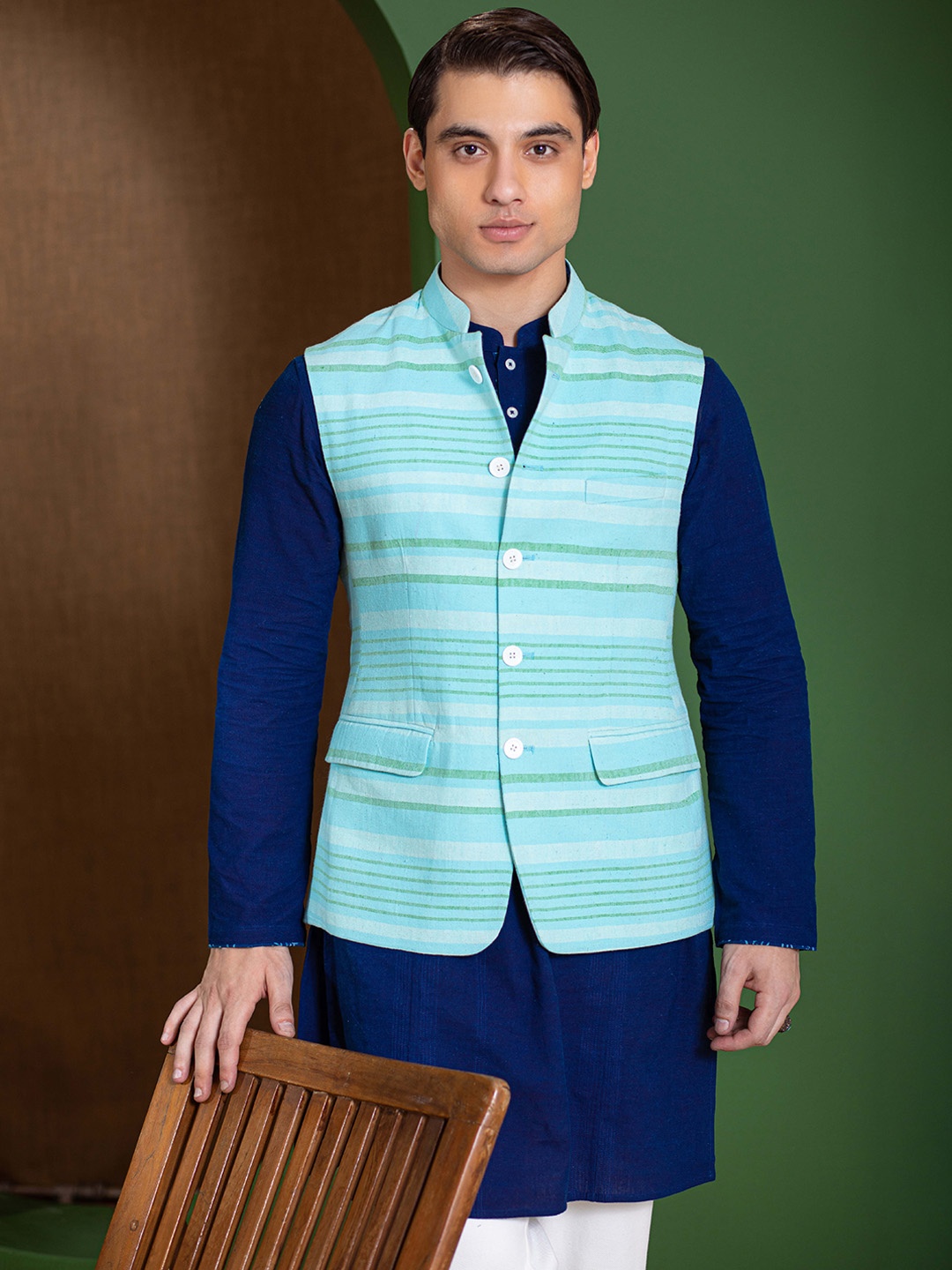 

Earthpiece Striped Mandarin Collar Cotton Nehru Jackets, Turquoise blue