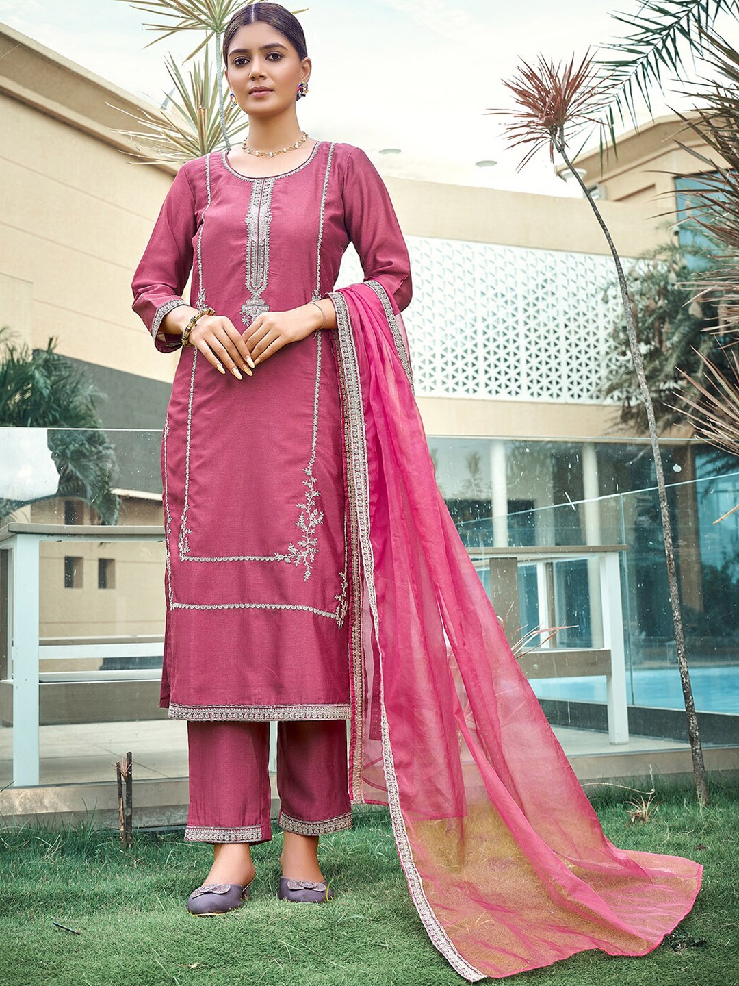 

Indo Era Ethnic Motifs Embroidered Sequinned Kurta & Trousers With Dupatta, Rust
