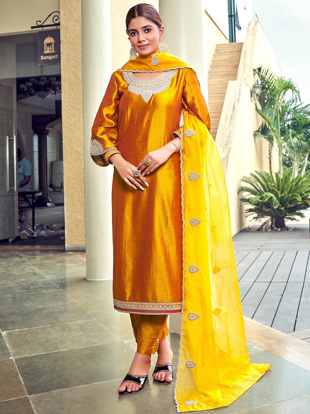 

Indo Era Mustard Yellow Yoke & Border Embroidered Sequinned Kurta with Trousers & Dupatta