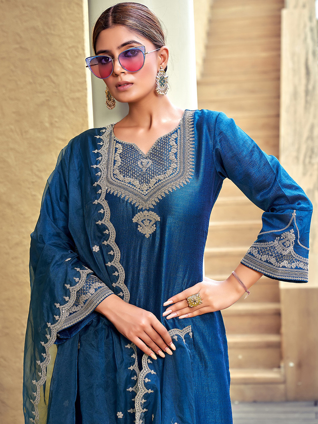 

Indo Era Ethnic Motifs Yoke Design Thread Work Straight Kurta & Trouser With Dupatta, Teal