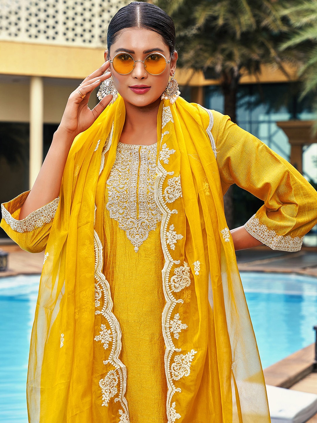 

Indo Era Ethnic Motifs Yoke Design Thread Work Straight Kurta & Trouser With Dupatta, Mustard
