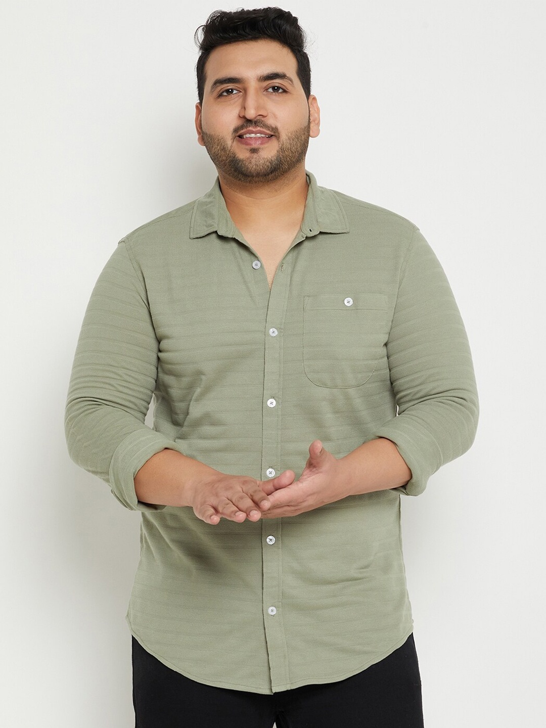 

Club York Plus Size Regular Fit Horizontal Striped Spread Collar Cotton Casual Shirt, Green