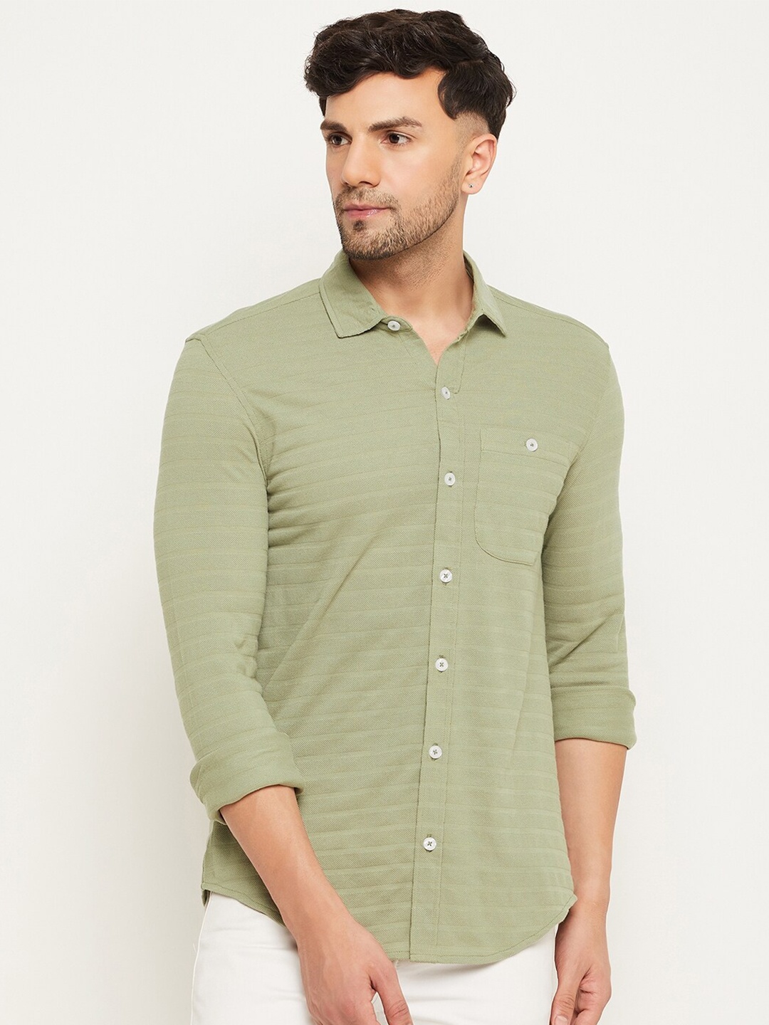 

Club York Regular Fit Horizontal Striped Spread Collar Cotton Casual Shirt, Green