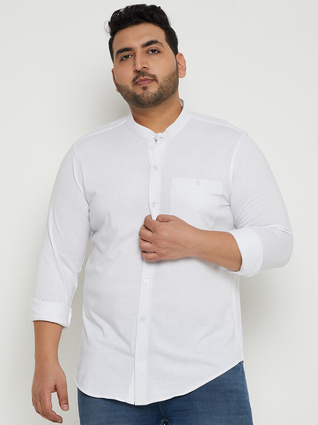 

Club York Plus Size Band Collar Long Sleeves Cotton Casual Shirt, White