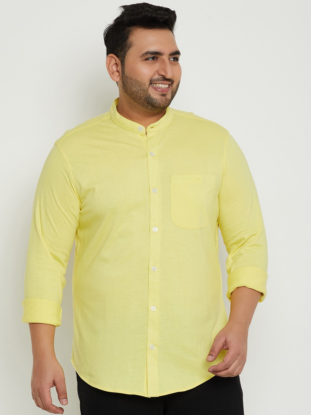 

Club York Plus Size Band Collar Long Sleeves Cotton Casual Shirt, Yellow