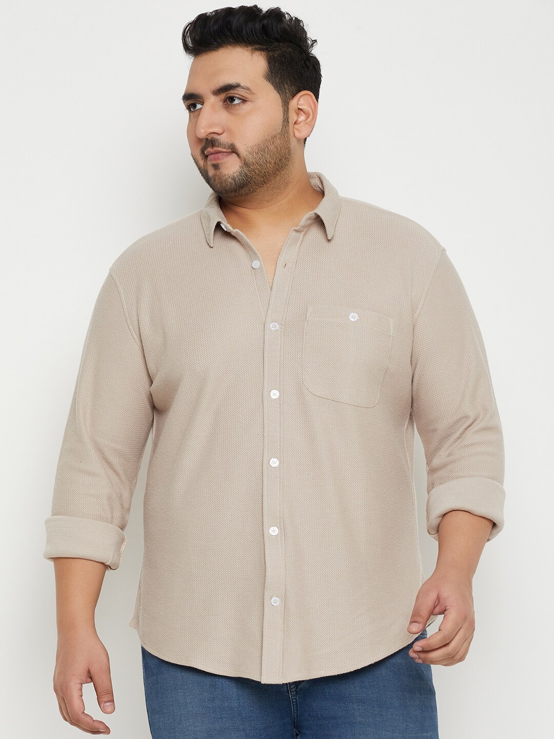 

Club York Plus Size Spread Collar Cotton Casual Shirt, Beige