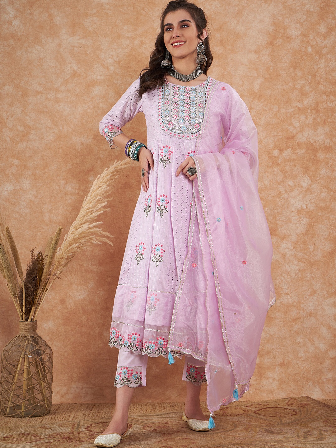 

Sangria Ethnic Motifs Embroidered Pure Cotton Panelled Kurta With Trouser & Dupatta, Purple