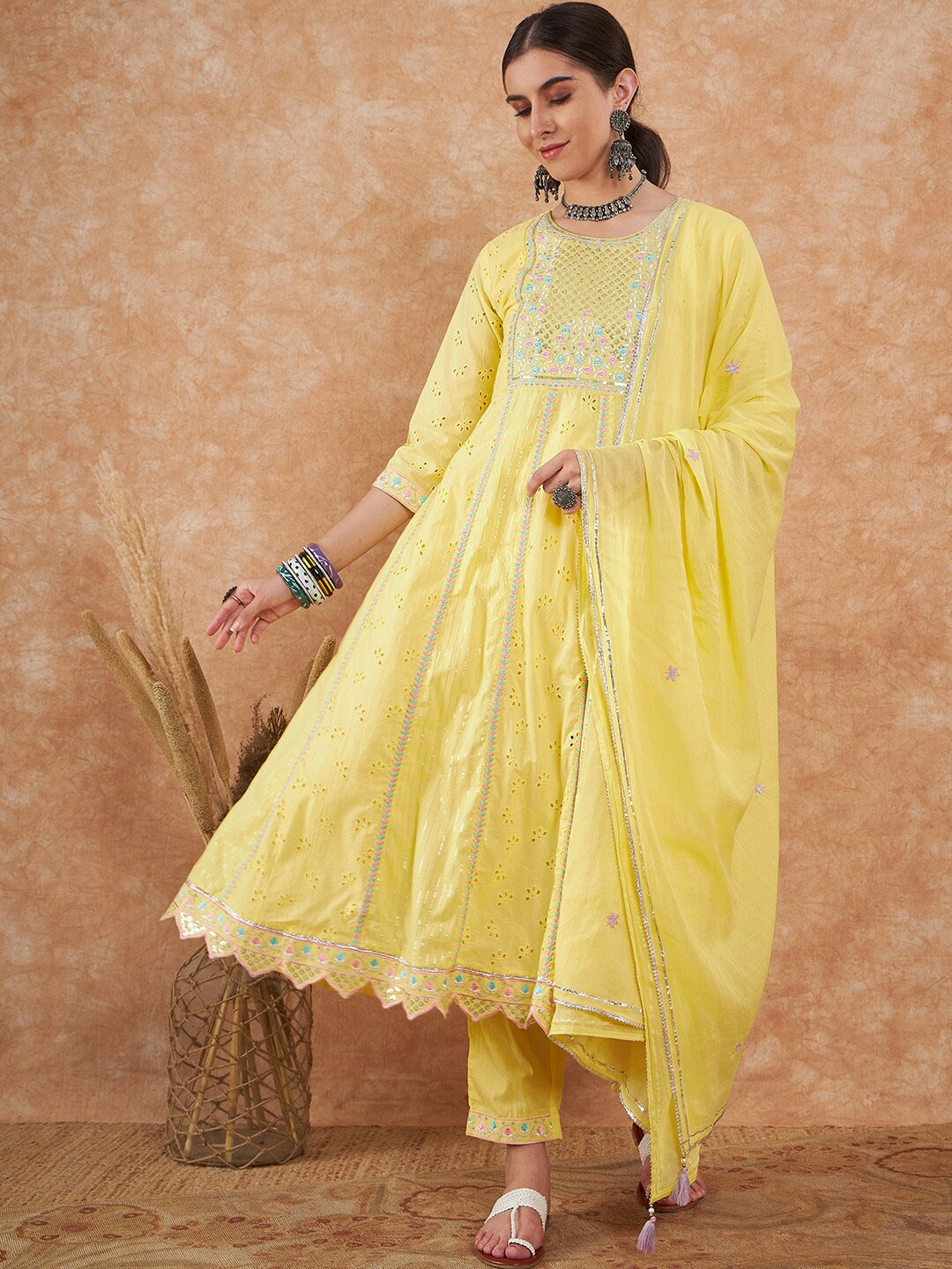 

Sangria Floral Embroidered Pure Cotton Schiffli Anarkali Kurta With Trouser & Dupatta Set, Yellow