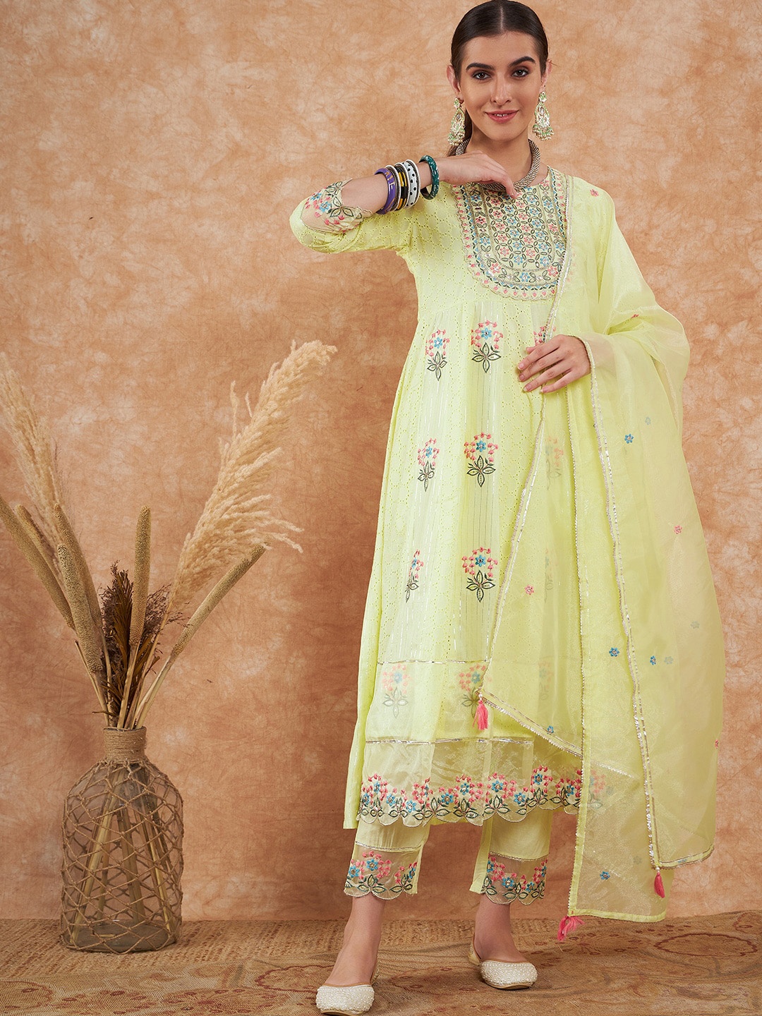 

Sangria Yellow Ethnic Embroidered Thread Work Pure Cotton Kurta & Trouser With Dupatta