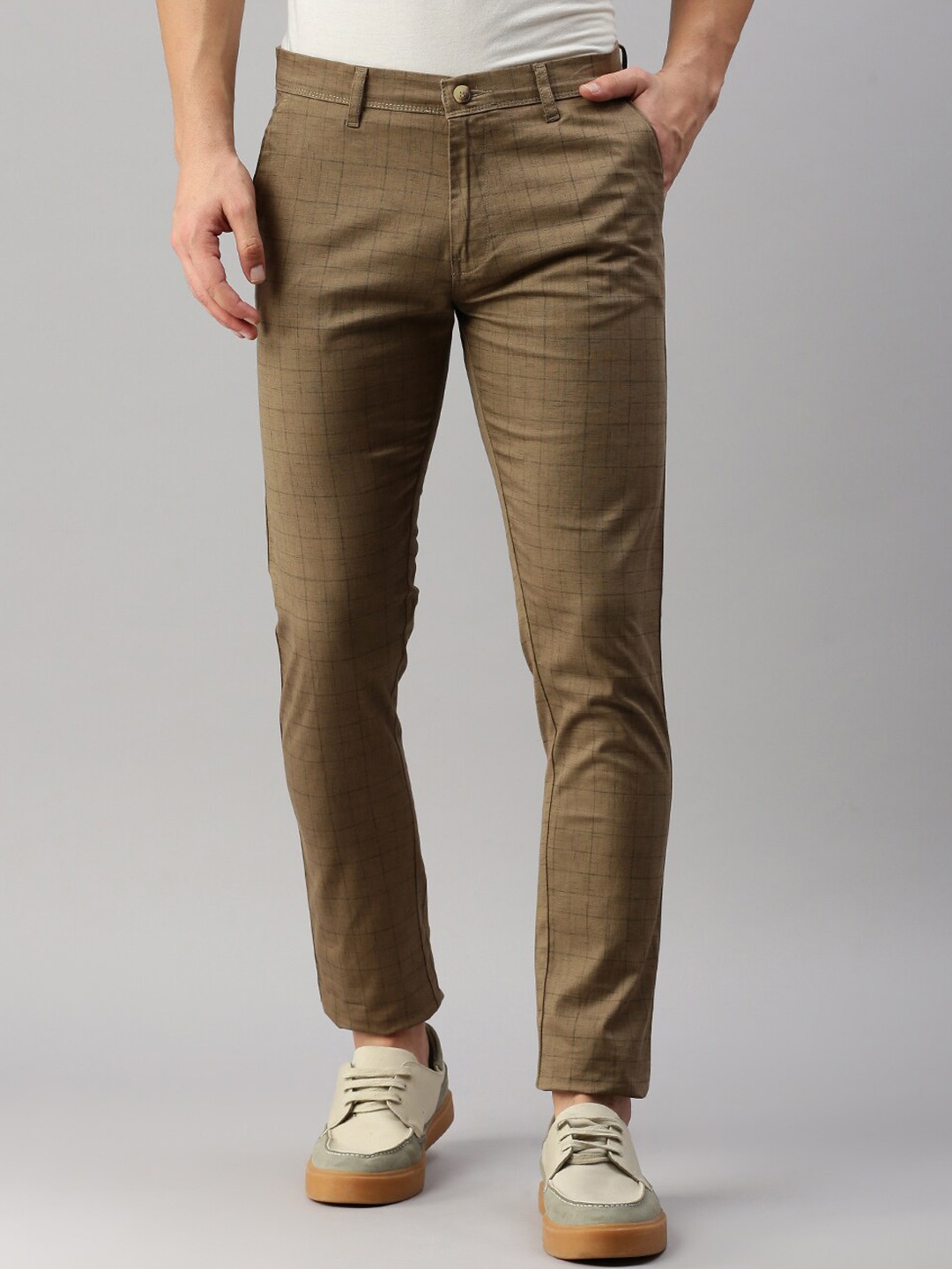 

ZEDD Men Checked Relaxed Regular Fit High-Rise Chinos Trousers, Brown
