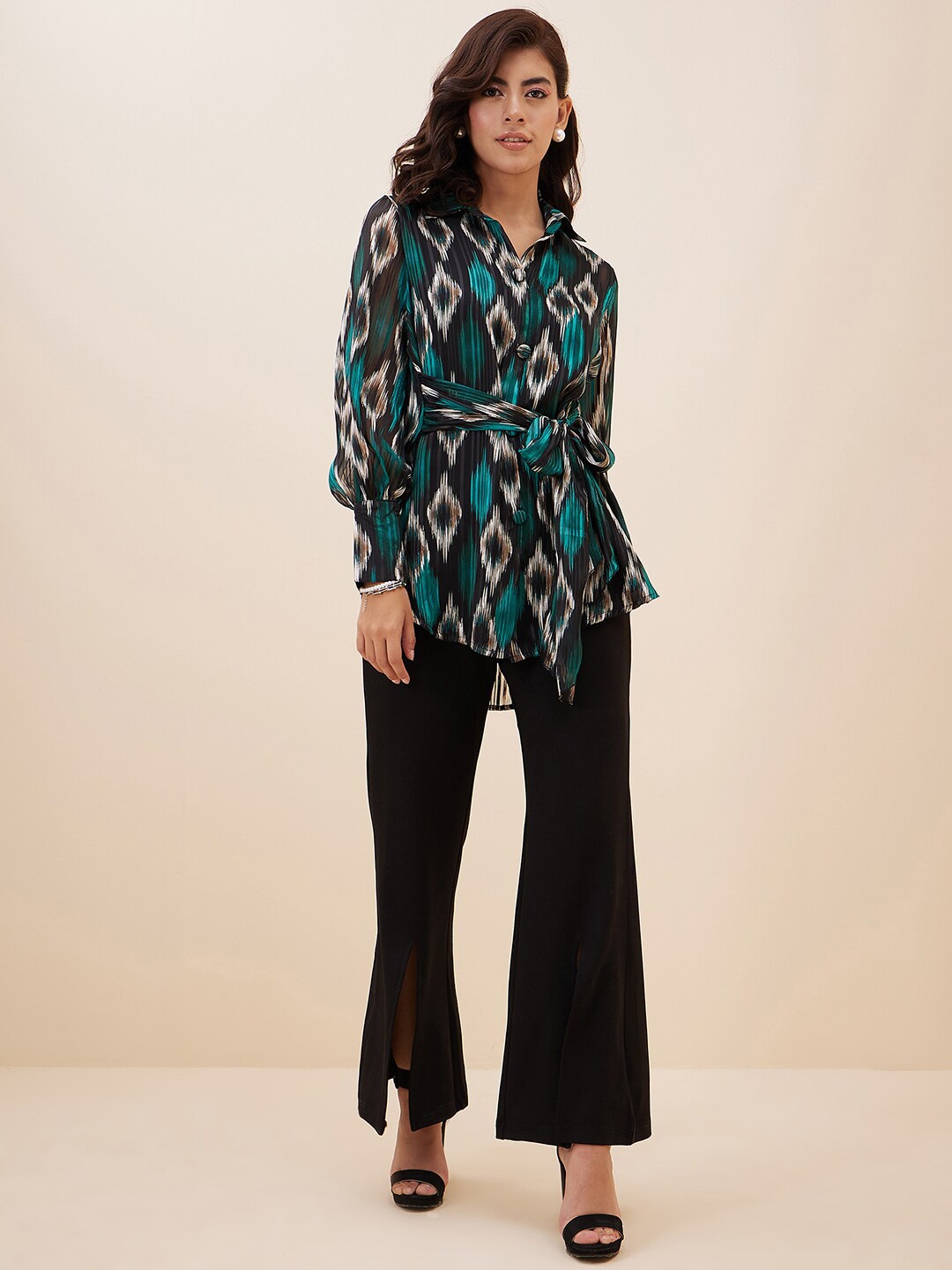 

Antheaa Black & Teal Green Printed Front Tie-Up Shirt With Trousers