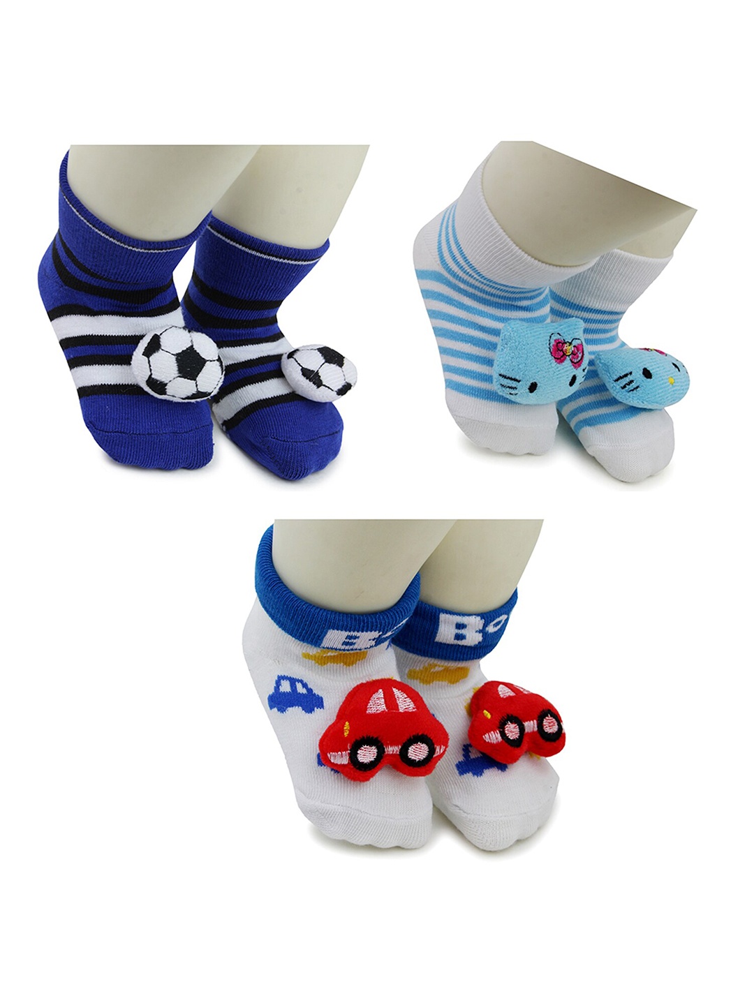 

BAESD Kids Pack Of 3 Patterned Anti-Skid Cotton Ankle Length Socks, Blue