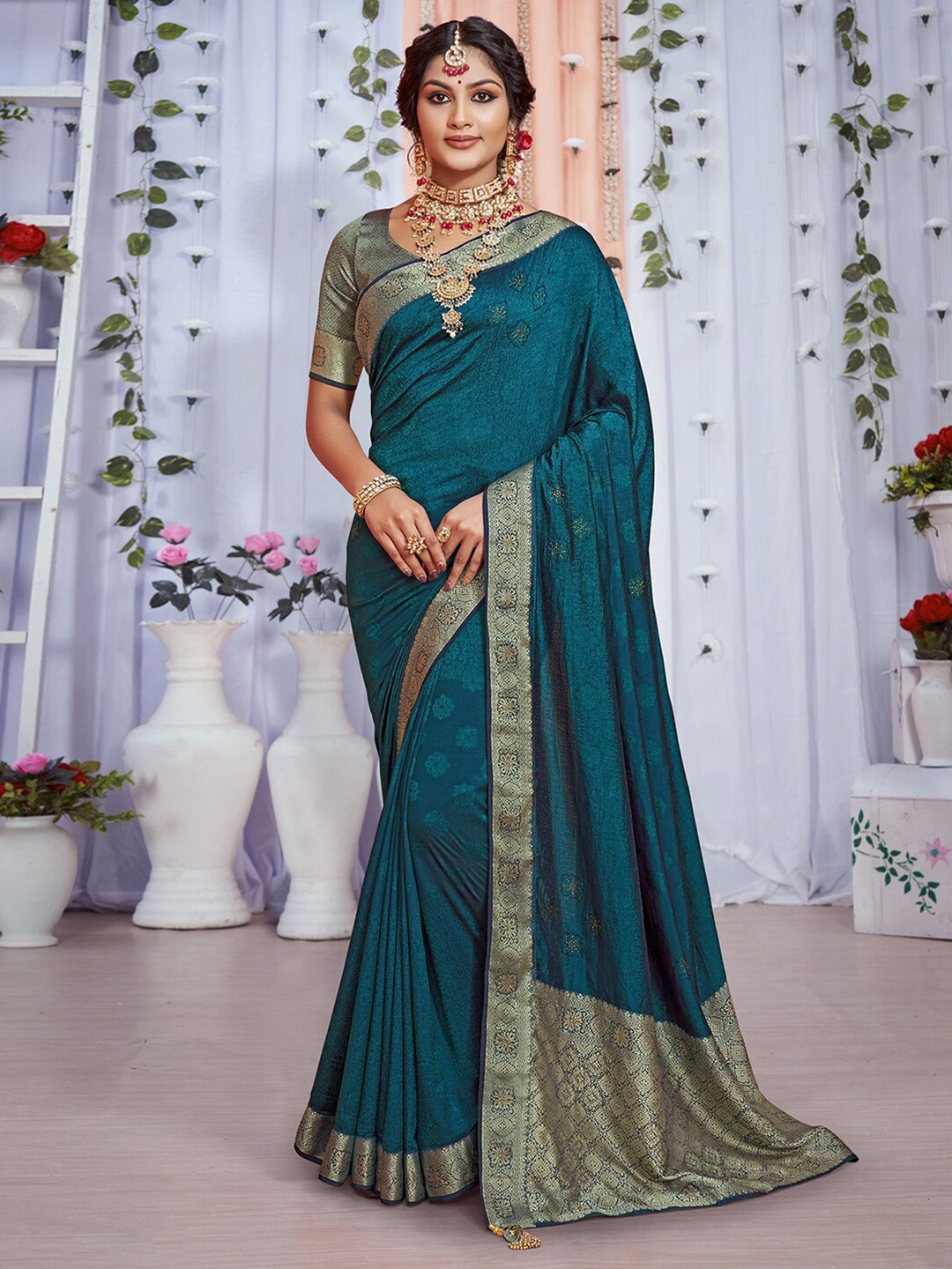 

Mitera Ethnic Motifs Woven Design Zari Art Silk Saree, Teal