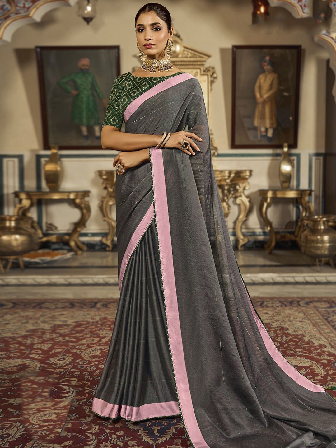 

Mitera Striped Poly Chiffon Saree, Grey
