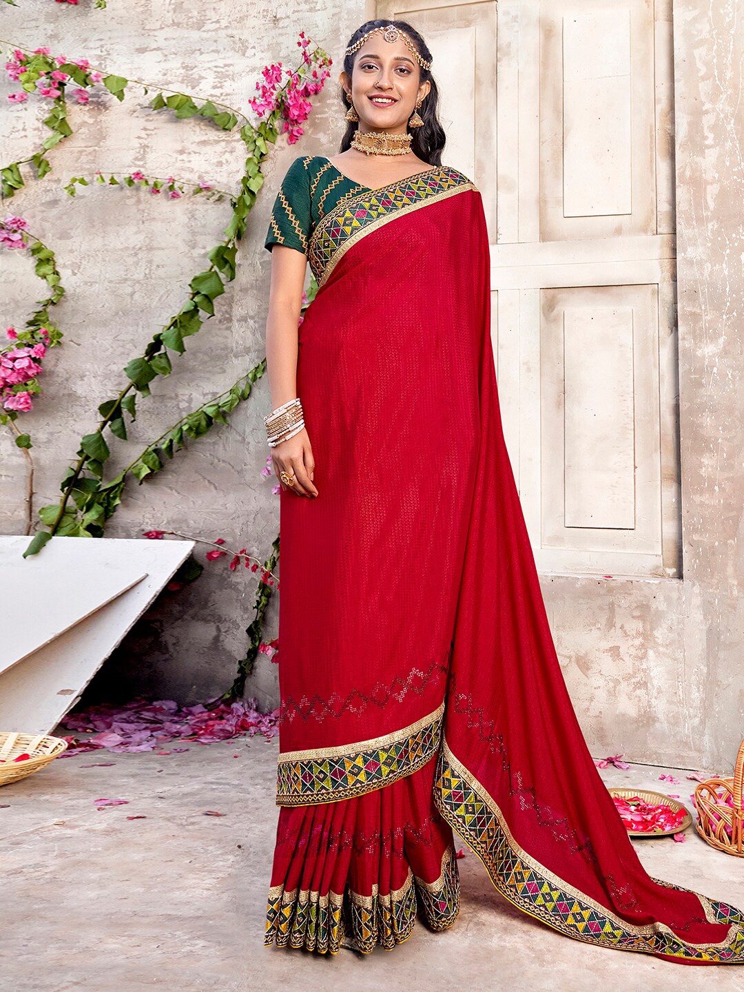 

Mitera Red & Blue Geometric Woven Design Sequinned Saree
