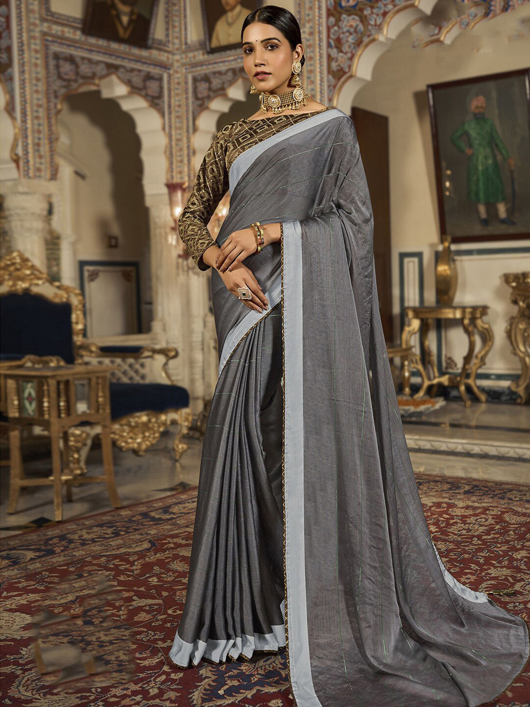 

Mitera Striped Poly Chiffon Saree, Grey