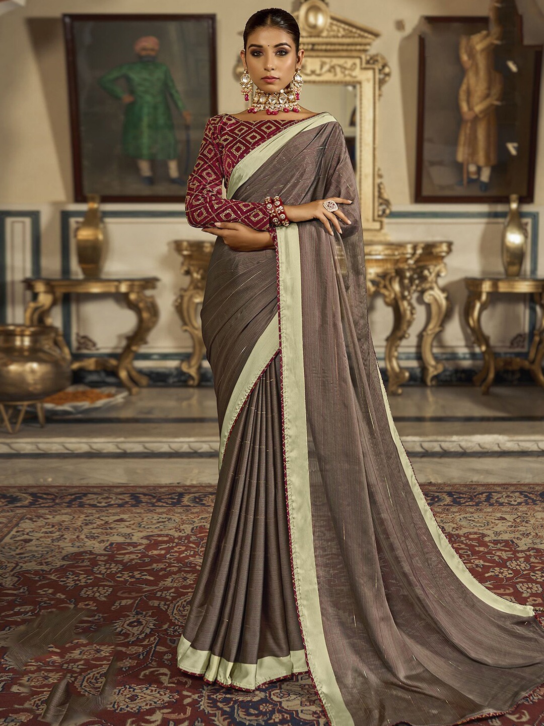 

Mitera Brown & Gold-Toned Striped Zari Saree