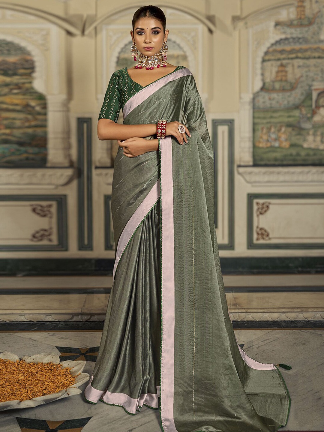 

Mitera Striped Poly Chiffon Saree, Green