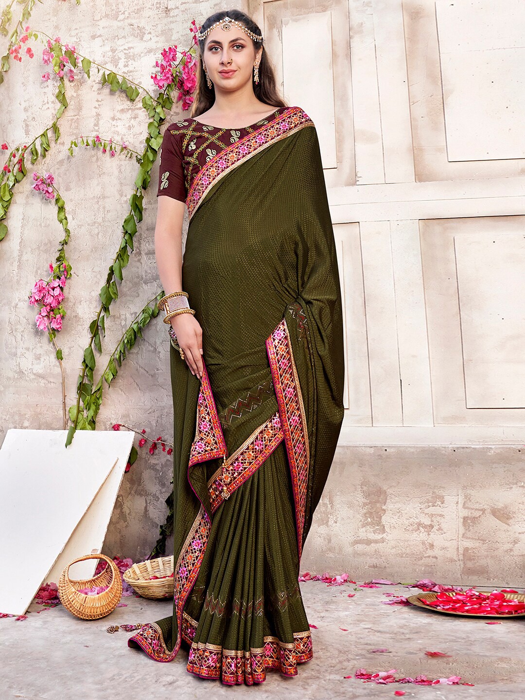 

Mitera Ethnic Motifs Woven Design Embroidered Saree, Green