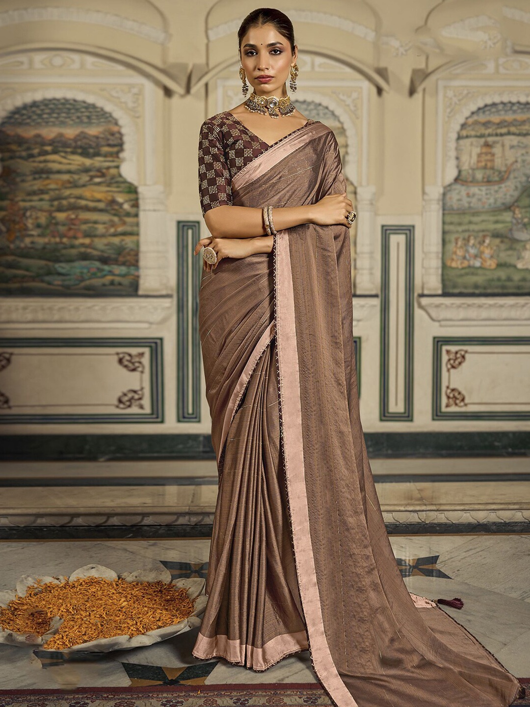 

Mitera Striped Poly Chiffon Saree, Brown
