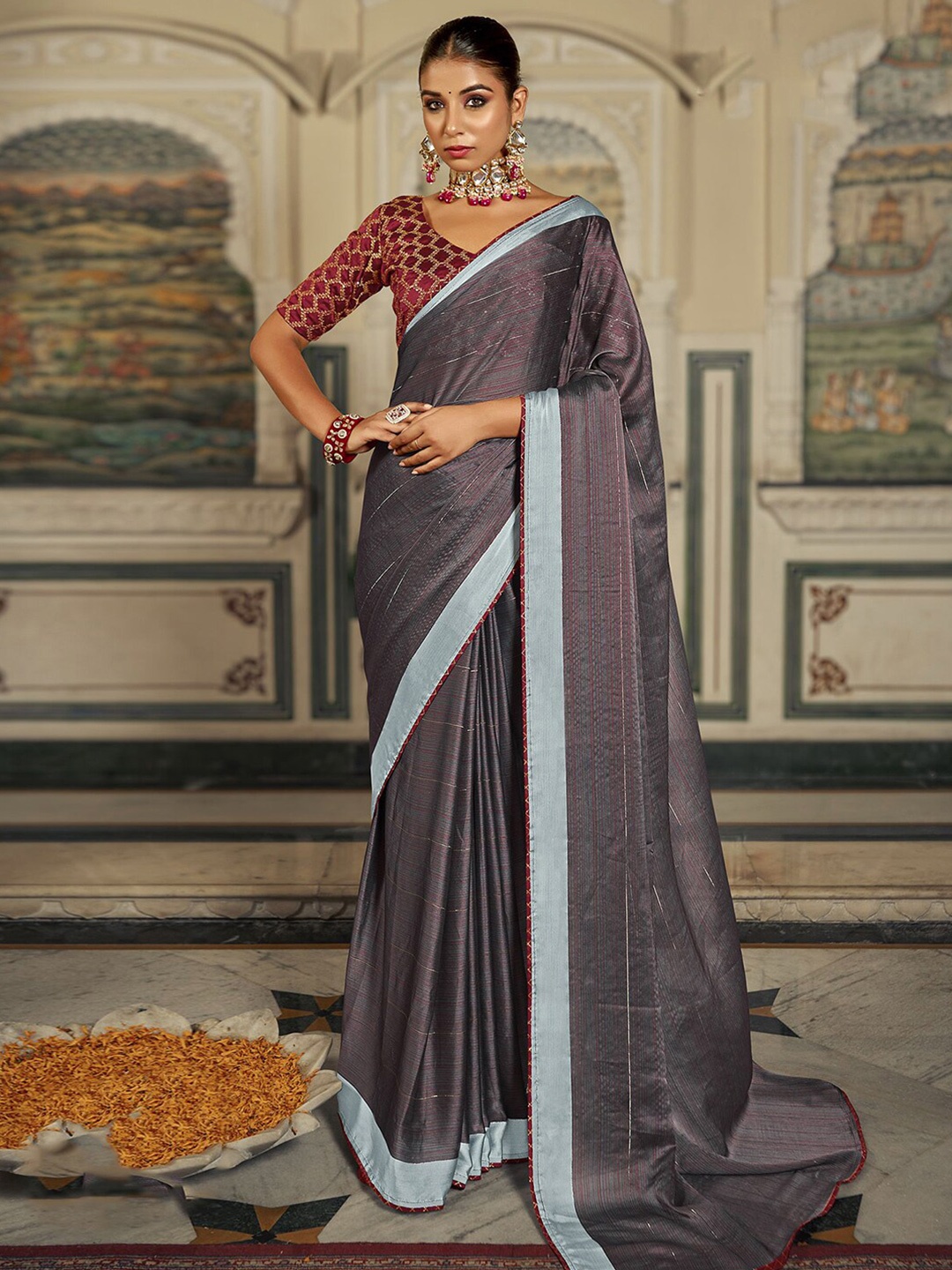 

Mitera Striped Poly Saree, Grey