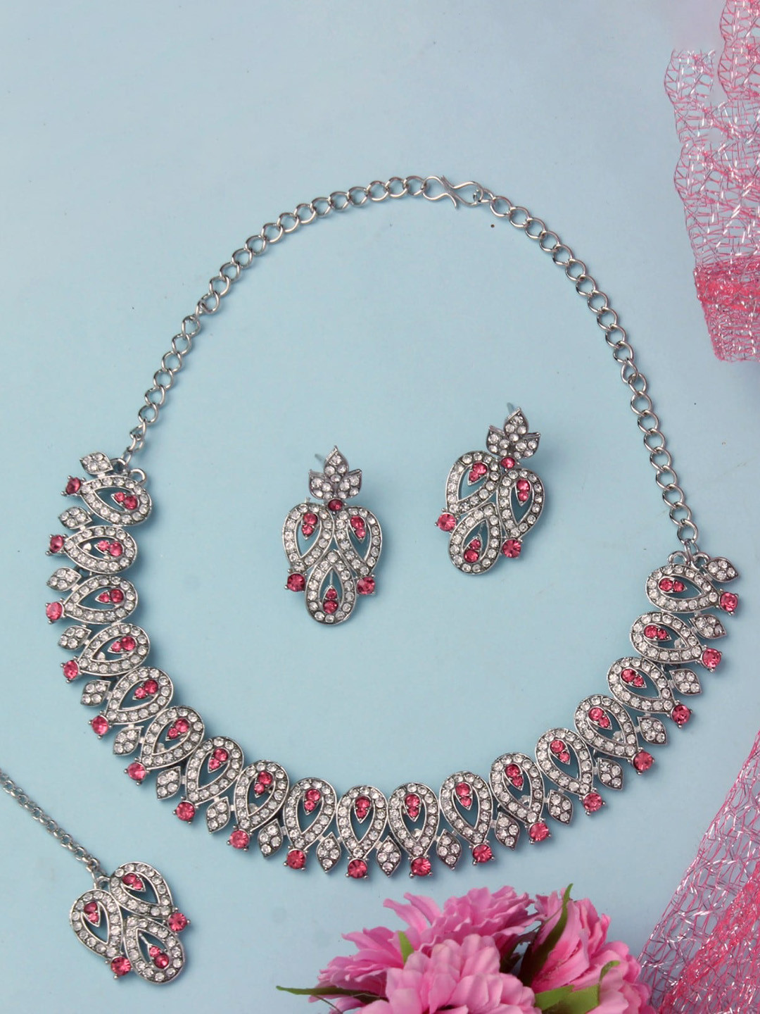 

Atasi International Rhodium-plated American Diamond Necklace And Earrings With Maang Tika, Silver