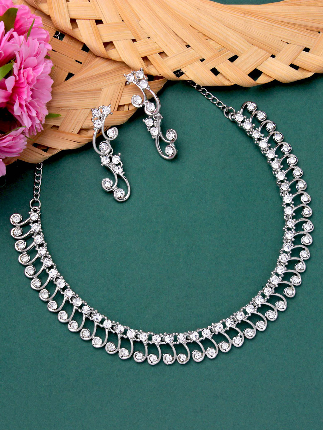 

Atasi International Silver-plated American Diamond-studded Necklace and Earrings