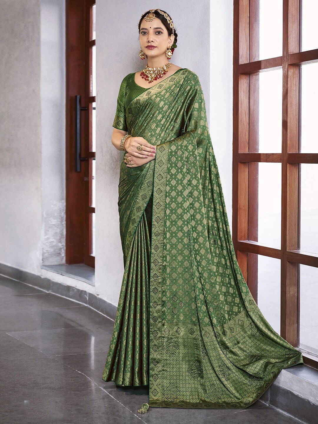 

Satrani Ethnic Motifs Woven Design Beads and Stones Saree, Green