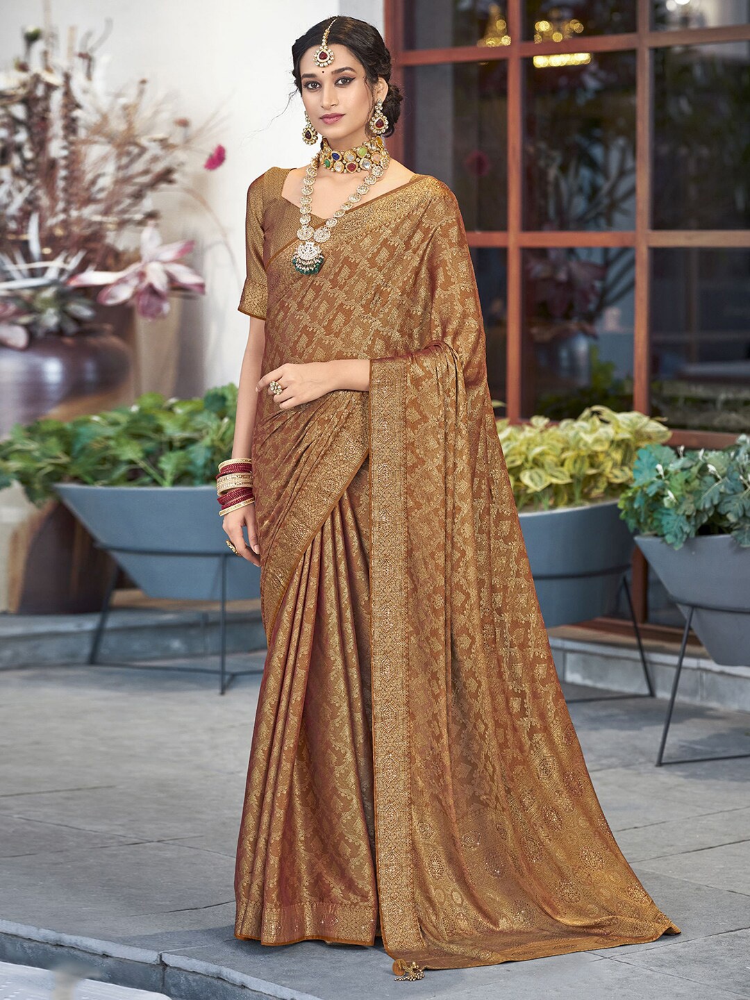 

Satrani Ethnic Motifs Woven Design Zari Saree, Brown