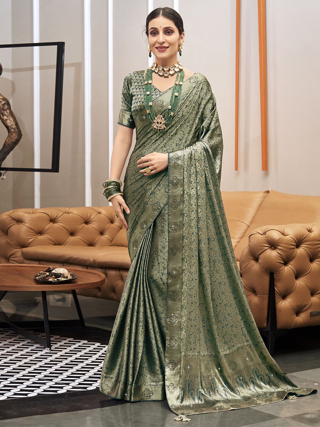 

Satrani Ethnic Motifs Woven Design Zari Art Silk Saree, Green
