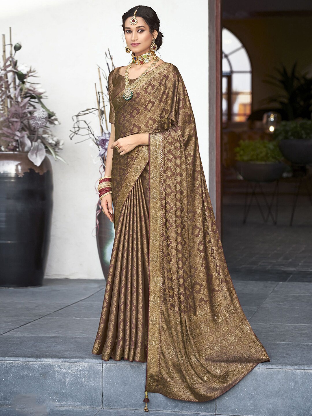 

Satrani Ethnic Motifs Woven Design Zari Art Silk Saree, Brown