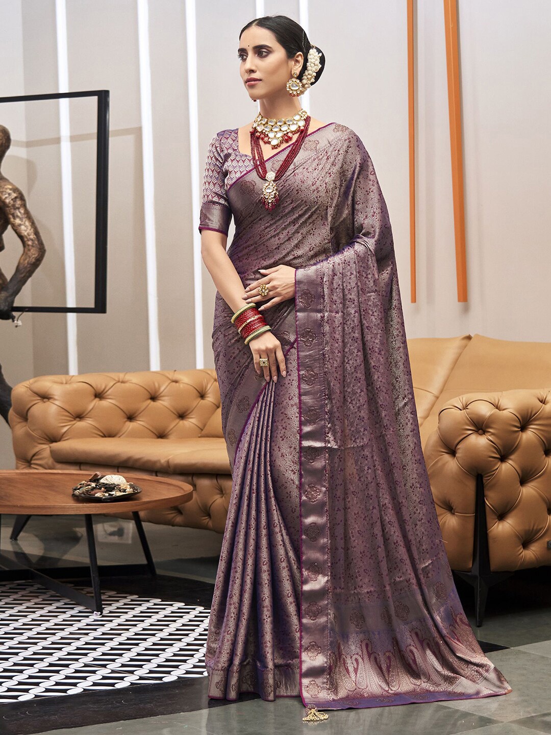

Satrani Ethnic Motifs Woven Design Zari Art Silk Saree, Purple